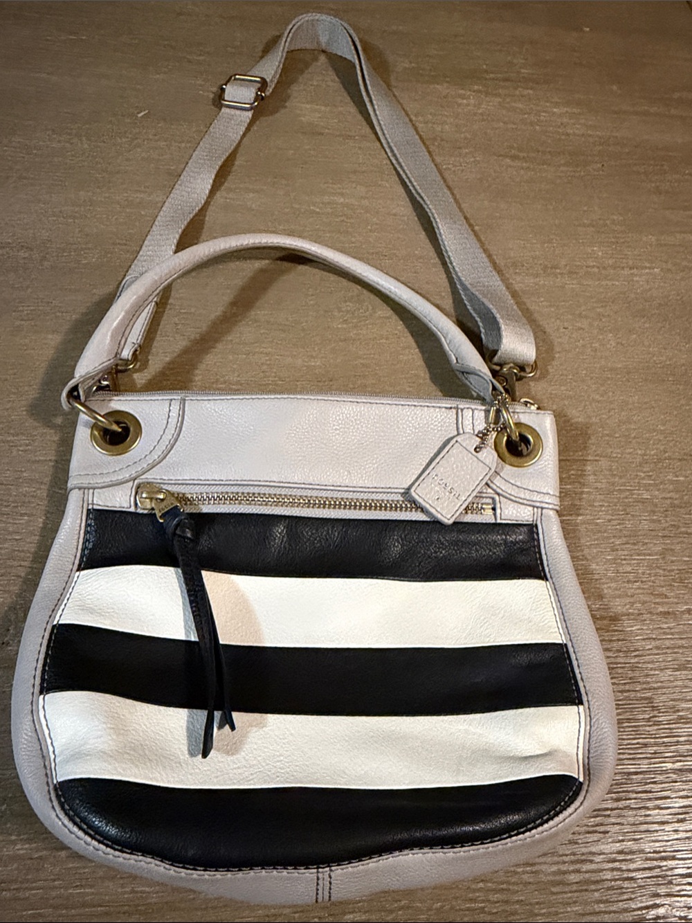 Fossil Grey Black White Karli Striped Leather Crossbody Shoulder Bag
